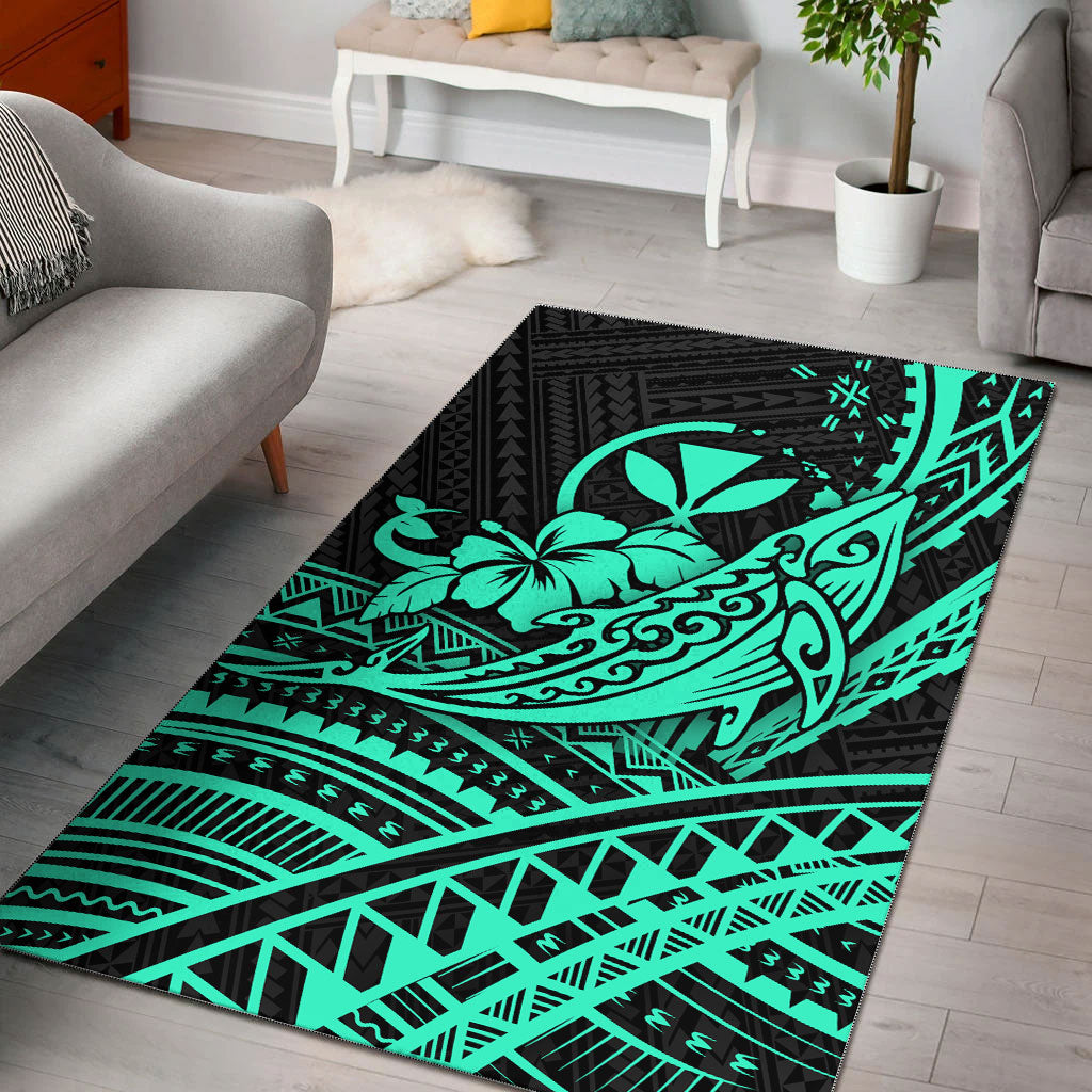 Hawaii Humpback Whale With Hibiscus Tribal Turquoise Area Rug