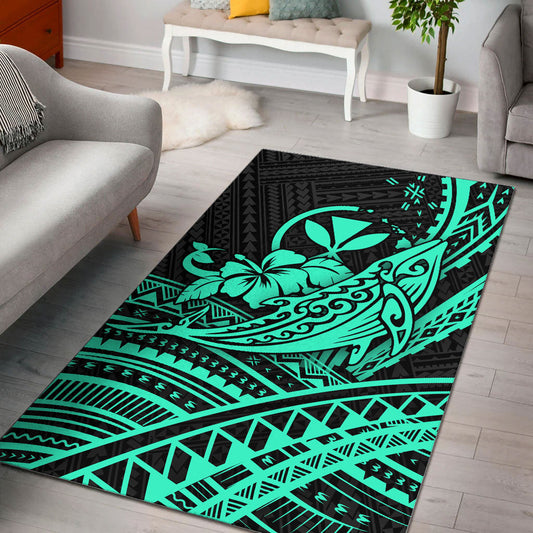 Hawaii Humpback Whale With Hibiscus Tribal Turquoise Area Rug