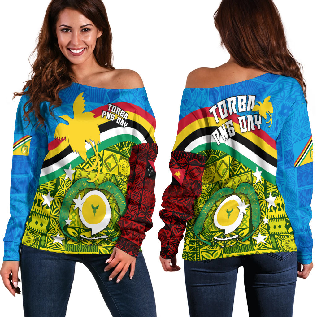 Torba PNG Day Off Shoulder Sweater Vanuatu and Papua New Guinea Combine Flag Design