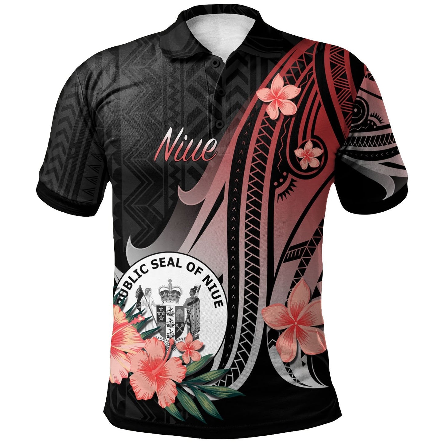 Niue Polo Shirt - Red Polynesian Hibiscus Pattern Style