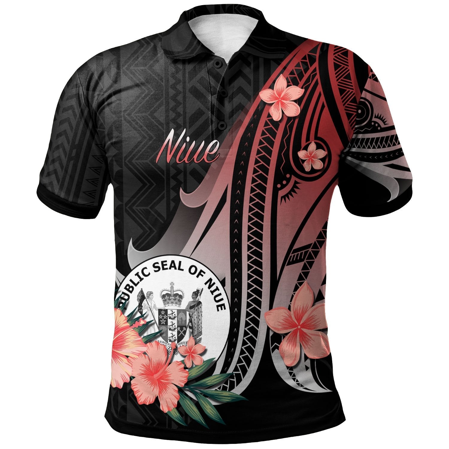 Niue Polo Shirt - Red Polynesian Hibiscus Pattern Style