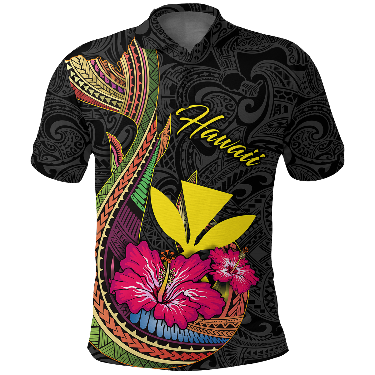 Hawaii Polynesian Fish Hook Hibiscus Polo Shirt -