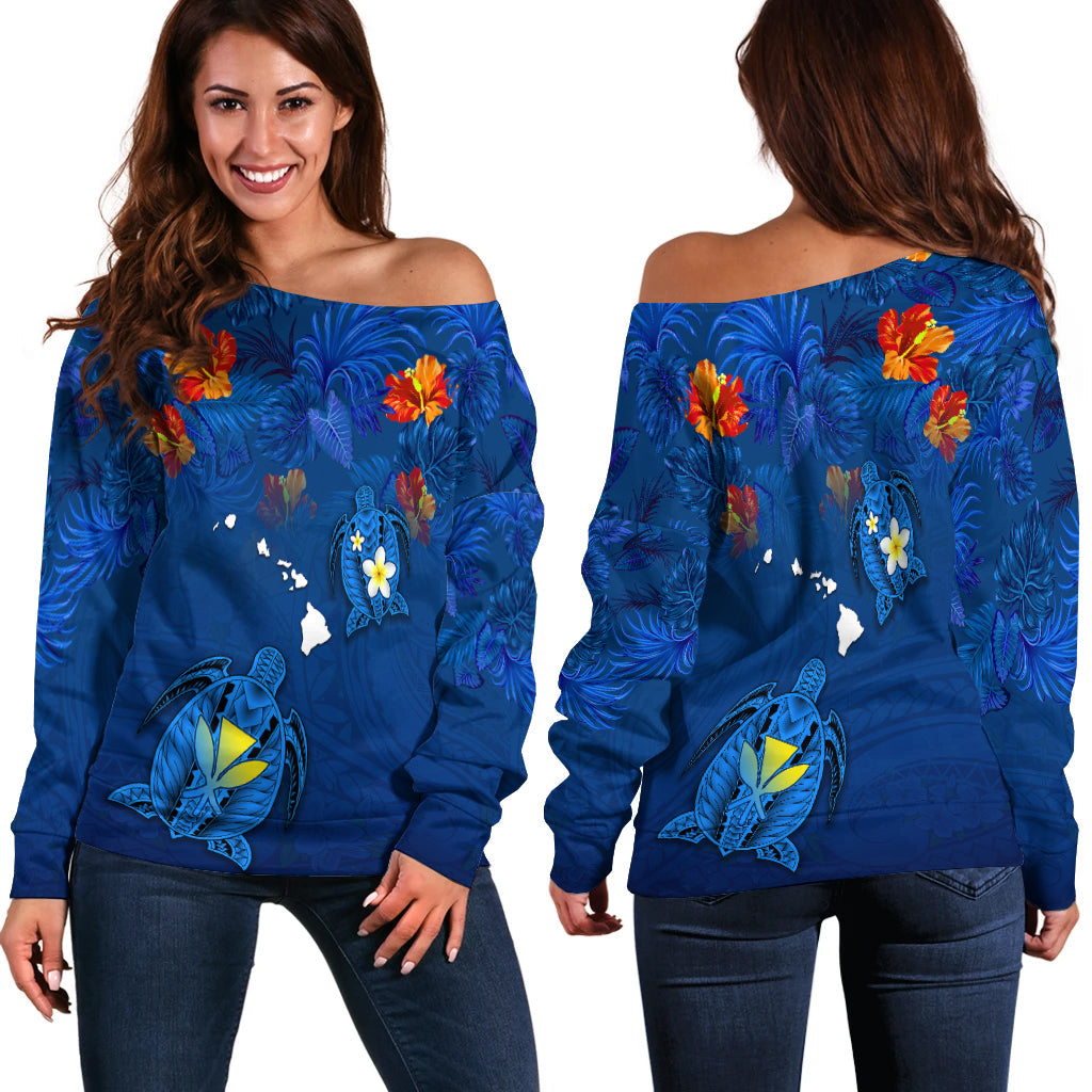 Hawaiian Islands Off Shoulder Sweater Hawaii Tropical Flowers and Turtles Blue