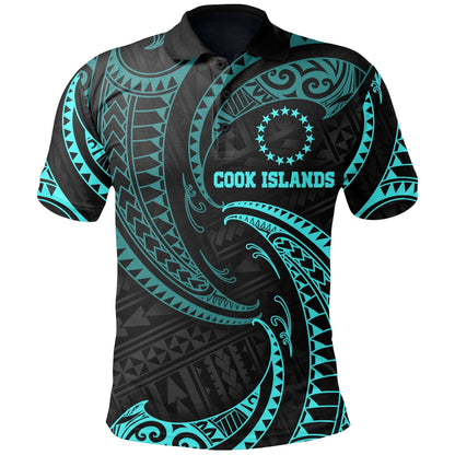 Cook Islands Polynesian Polo Shirt - Neon Blue Tribal Wave