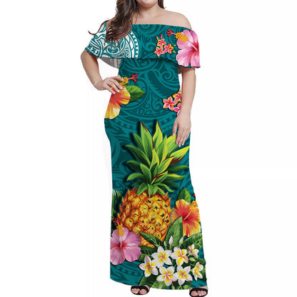 Hawaii Off Shoulder Long Dress Aqua Polynesia Pineapple