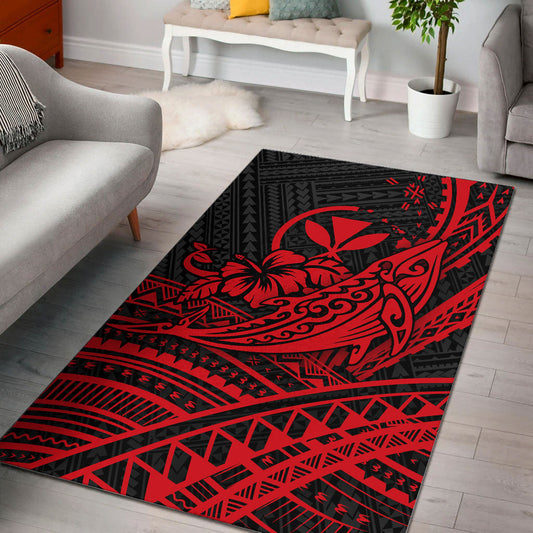 Hawaii Humpback Whale With Hibiscus Tribal Red Area Rug