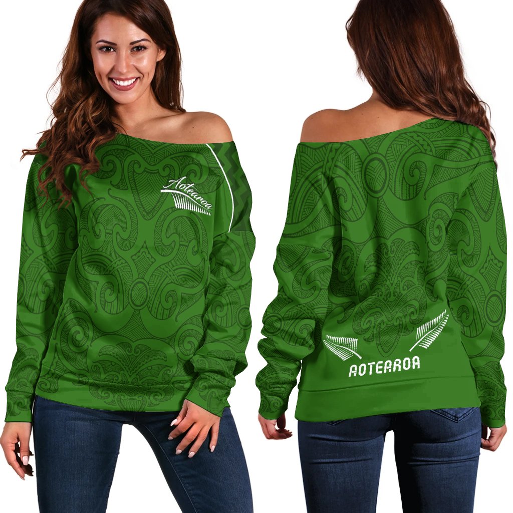 Maori 2021 Off Shoulder Sweater Green Aotearoa Tattoo