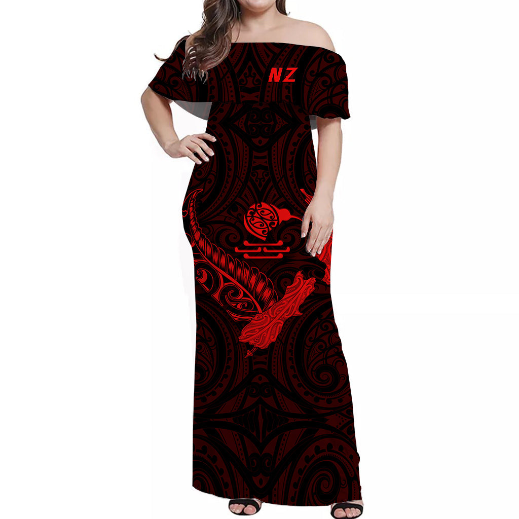 New Zealand Maori Off Shoulder Long Dress Heart of Silver Fern Map and Kiwi Red
