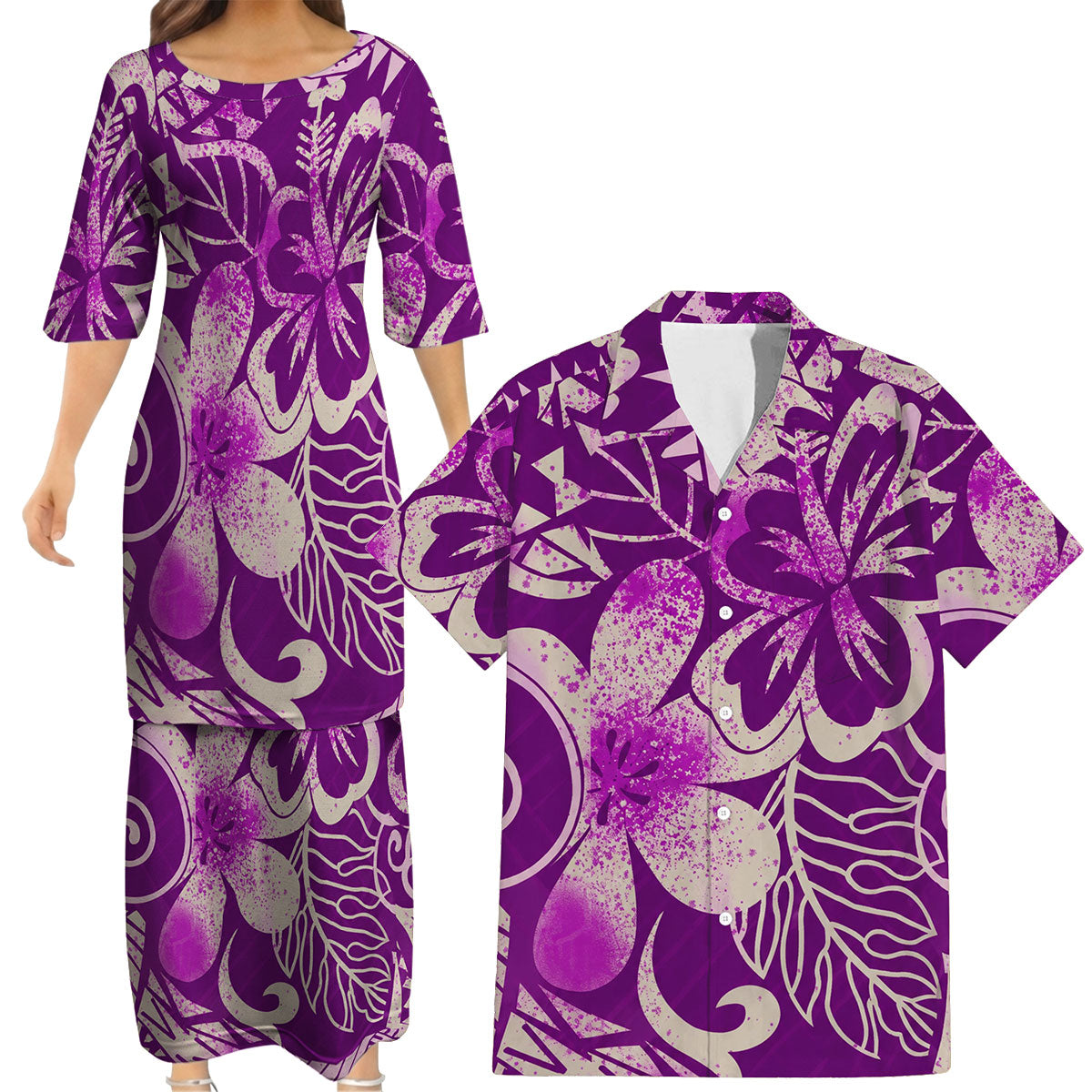 Vintage Polynesian Tribal Pattern Purple Couple Outfit Matching Island Dress And Hawaiian Shirt For Her Him