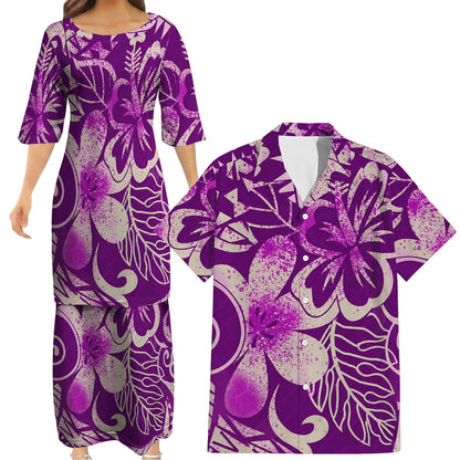 Vintage Polynesian Tribal Pattern Purple Couple Outfit Matching Island Dress And Hawaiian Shirt For Her Him