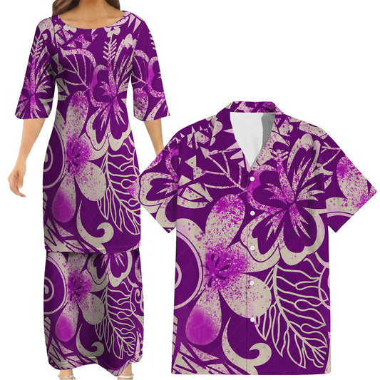 Vintage Polynesian Tribal Pattern Purple Couple Outfit Matching Island Dress And Hawaiian Shirt For Her Him