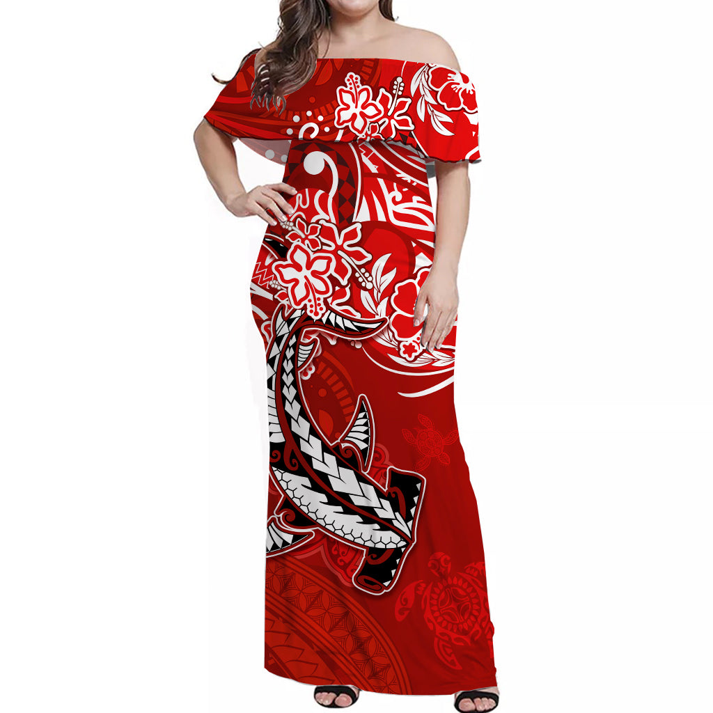 (Custom Personalised) Hawaii Matching Couple Outfits For Vacation Dress and Hawaiian Shirt Polynesia Red Sea Turtle Honu and Hammerhead Shark