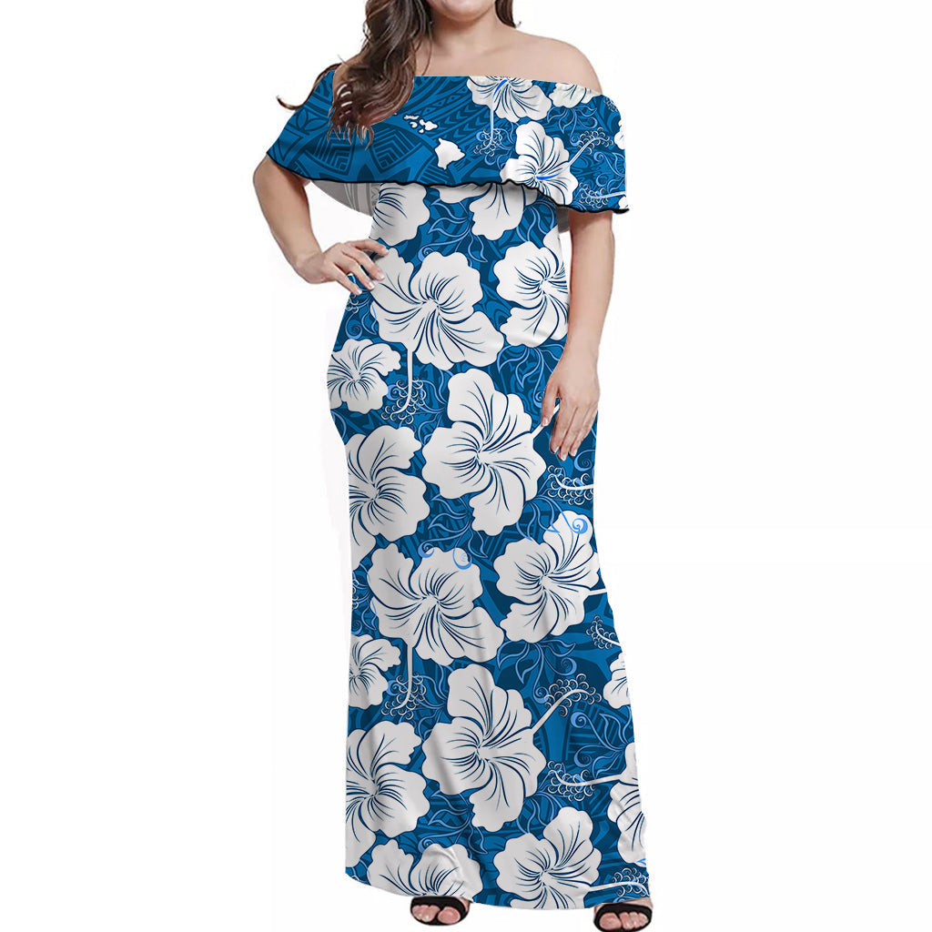 Custom Personalised Hawaii Off Shoulder Long Dress Blue Simple Tropical Flowers