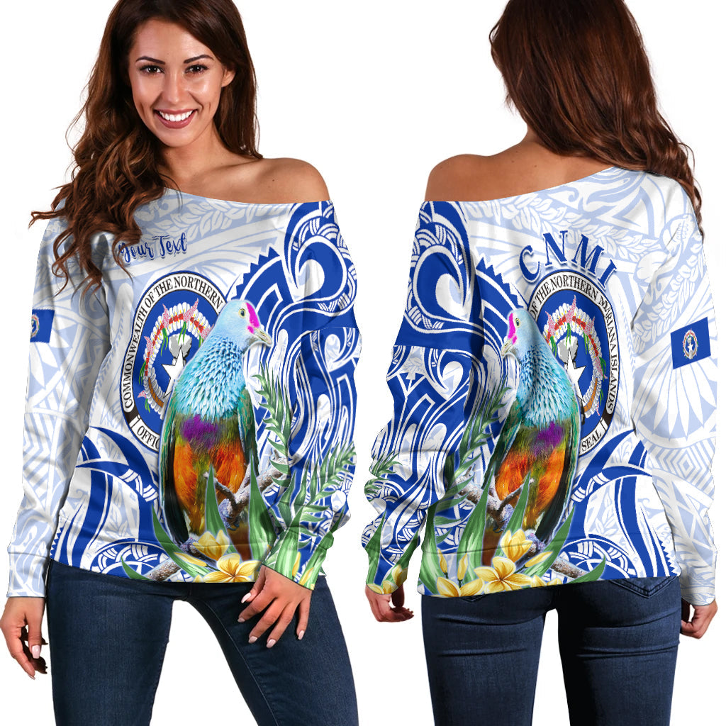(Custom Personalised) Northern Mariana Islands Off Shoulder Sweater Mariana Fruit Dove Mix Frangipani Flowers White