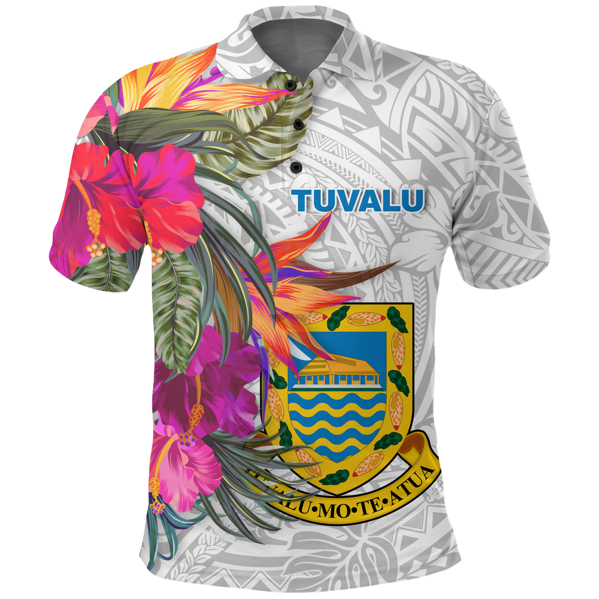 Tuvalu Polynesian Hibiscus White Pattern Polo Shirt -