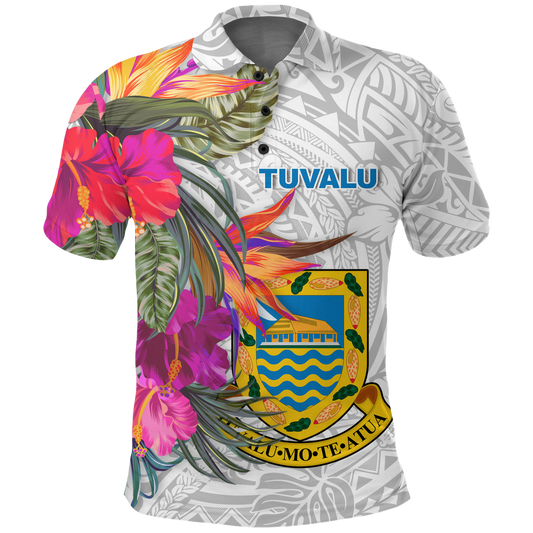 Tuvalu Polynesian Hibiscus White Pattern Polo Shirt -