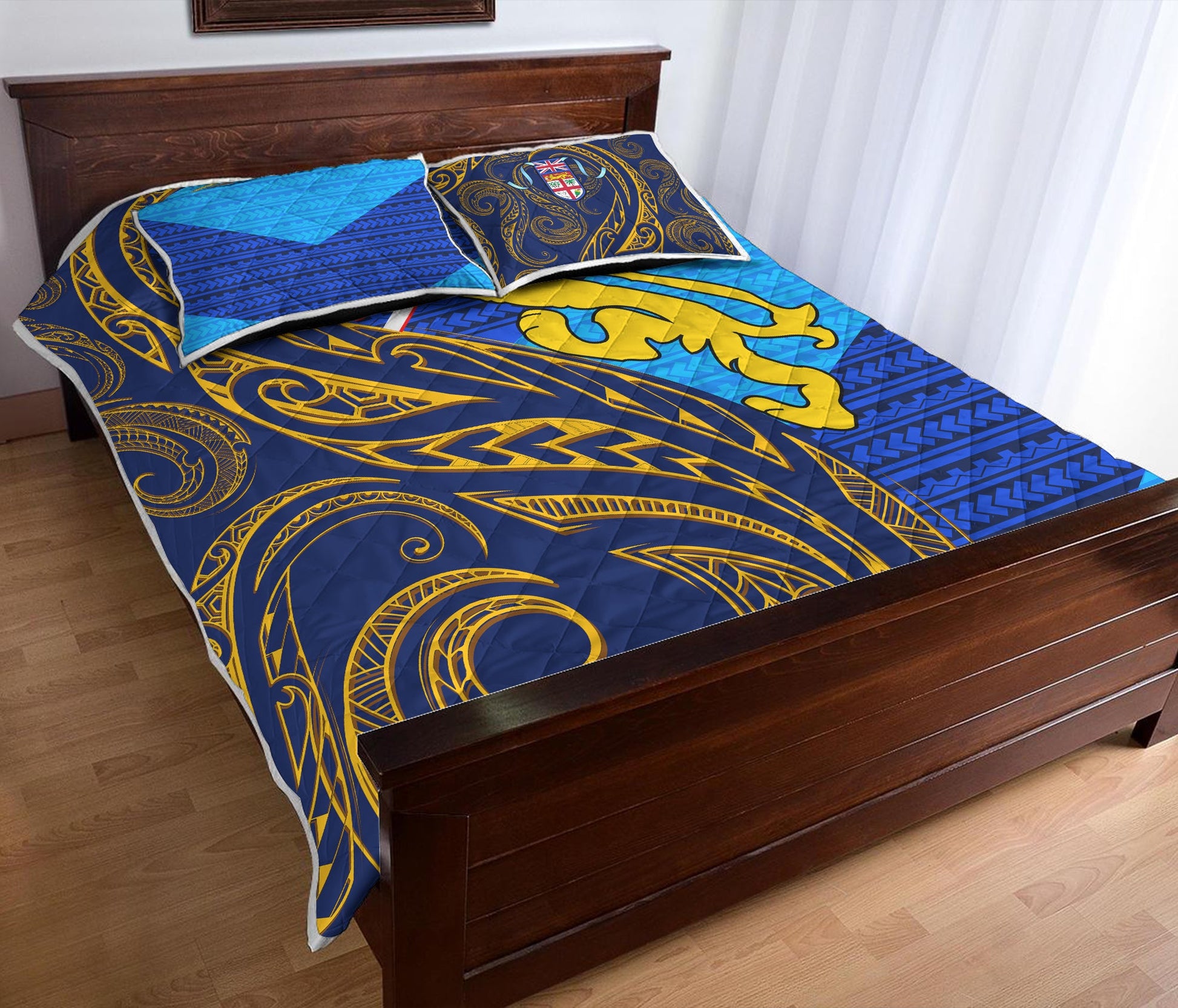 Fiji Quilt Bed Set Flag's Color With Gold Polynesian Pattern