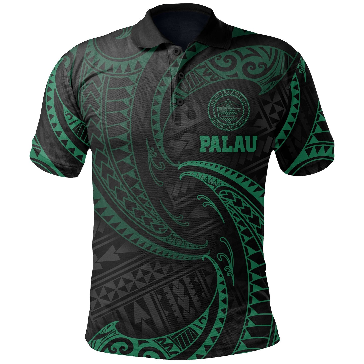 Palau Polynesian Polo Shirt - Green Tribal Wave