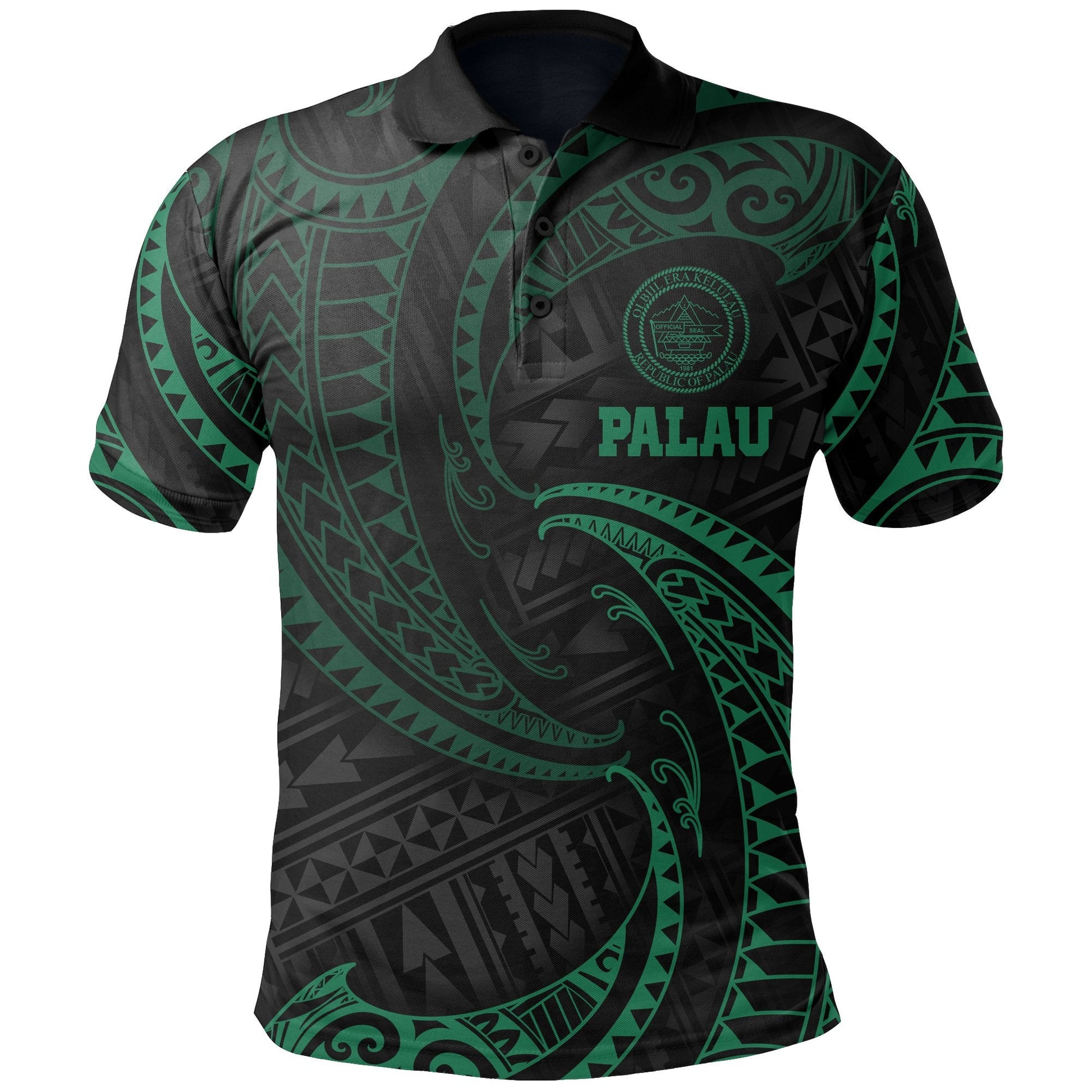 Palau Polynesian Polo Shirt - Green Tribal Wave
