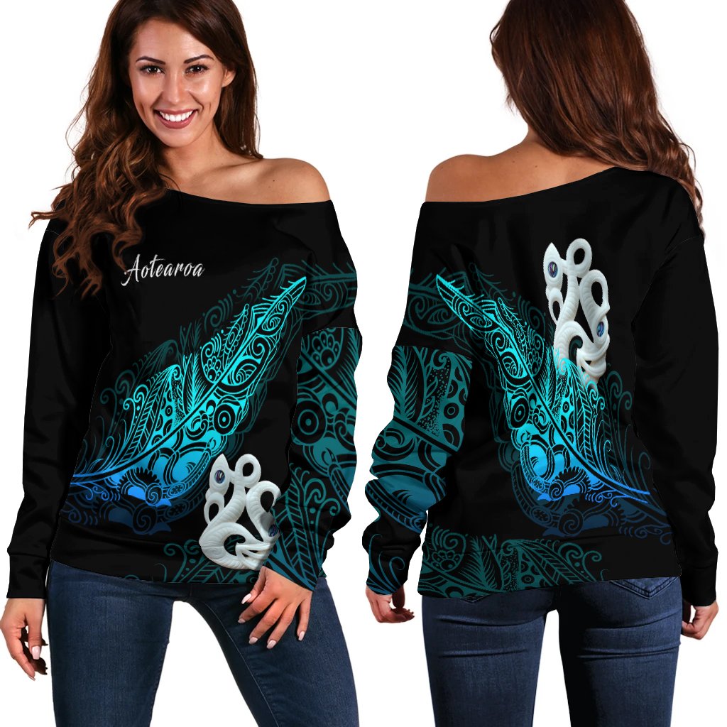 Aotearoa Off Shoulder Sweater Fern Mix Manaia Matau