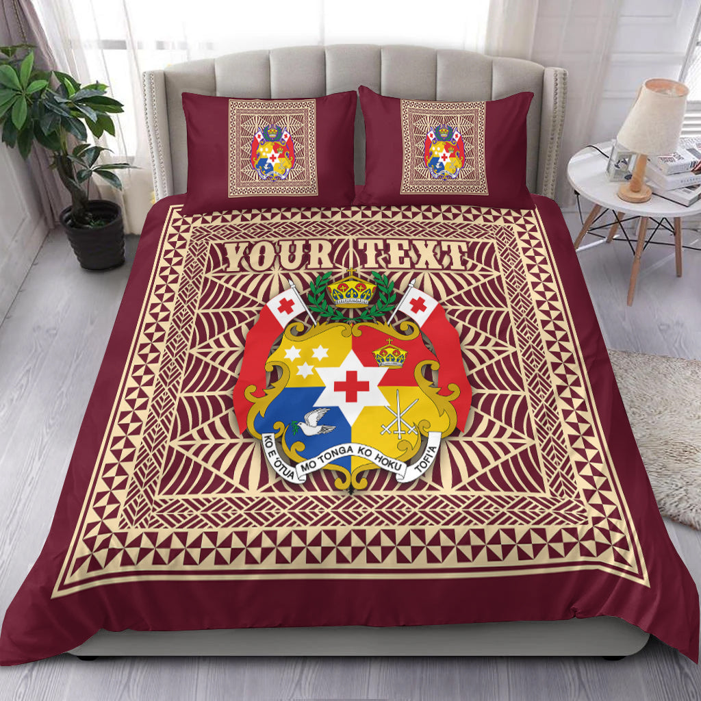 (Custom Personalised) Tonga Pattern Bedding Set Coat of Arms Maroon and Beige