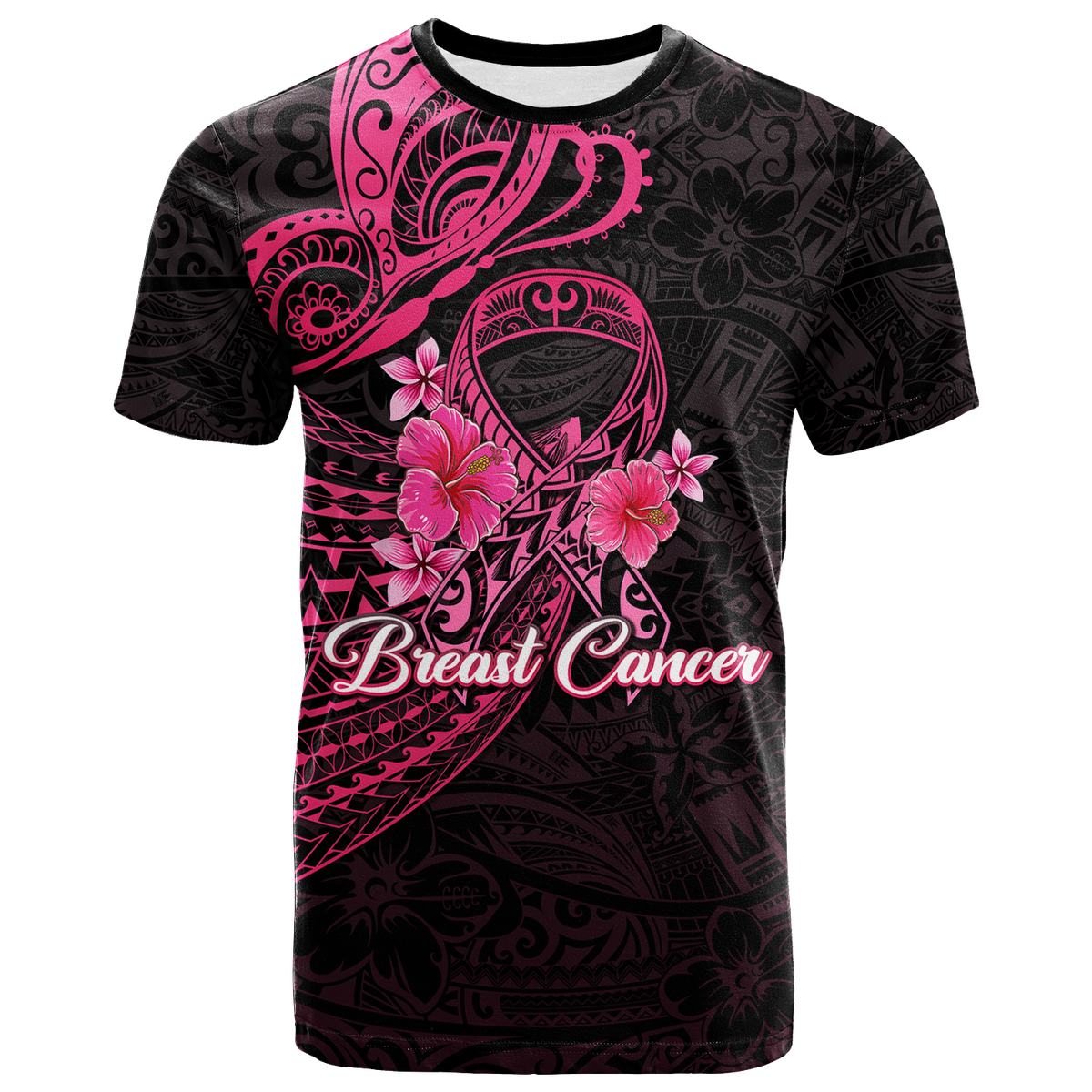 Breast Cancer Pink Ribbon Butterfly Polynesian Black Version T Shirt 2