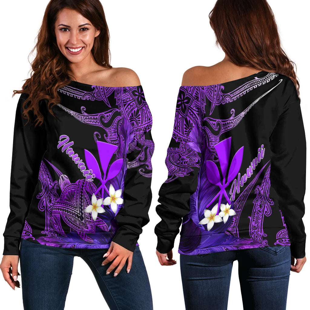 Hawaii Turtle With Plumeria Leaf Purple Women Off Shoulder Sweater