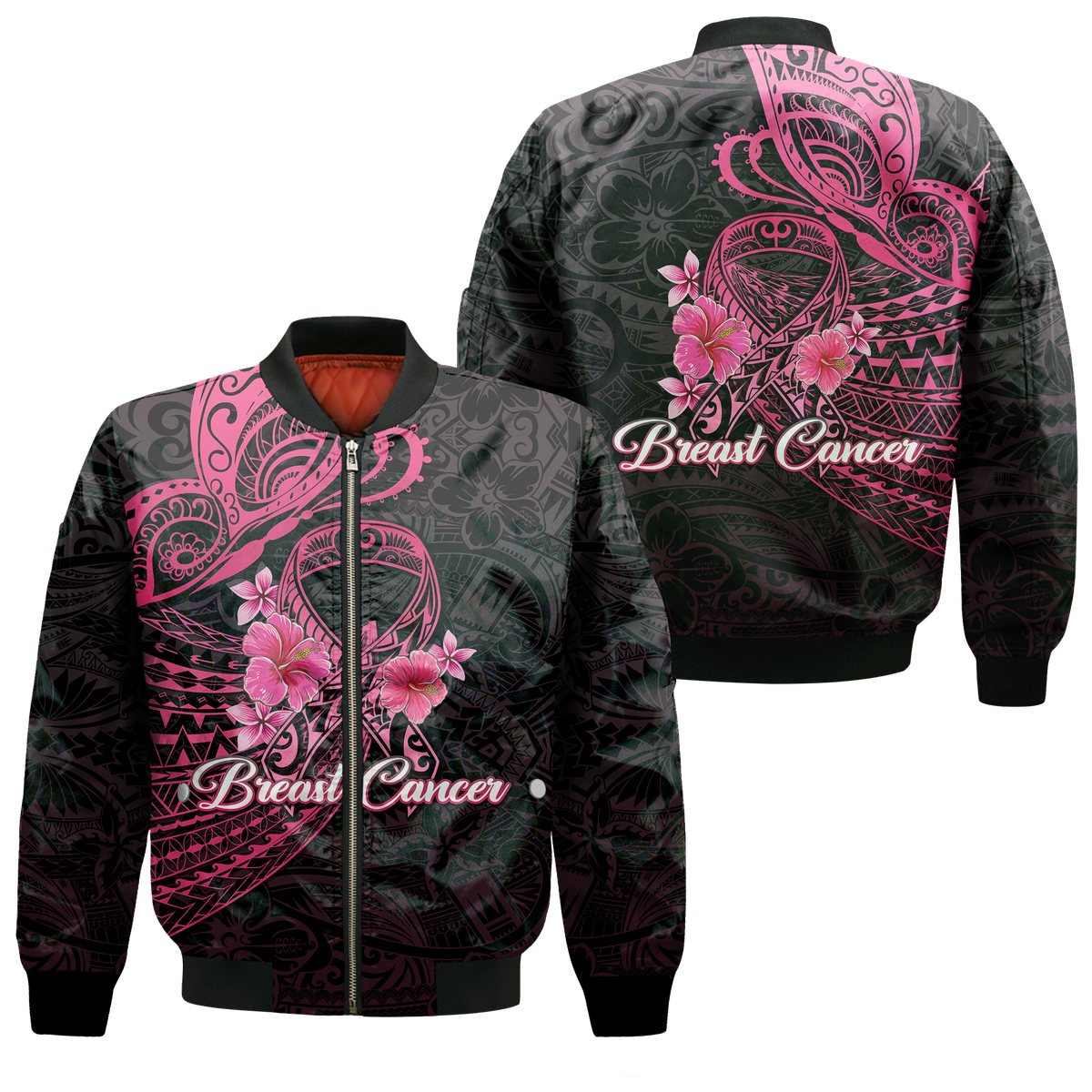 Breast Cancer Pink Ribbon Butterfly Polynesian Black Version Bomber Jacket