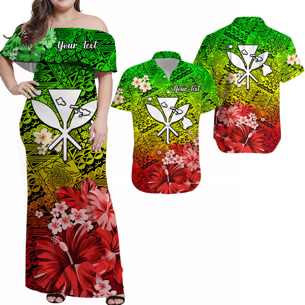 (Custom Personalised) Hawaii Couple Outfits Combo Dress and Hawaiian Shirt Map and Turtle Reggae Flowers