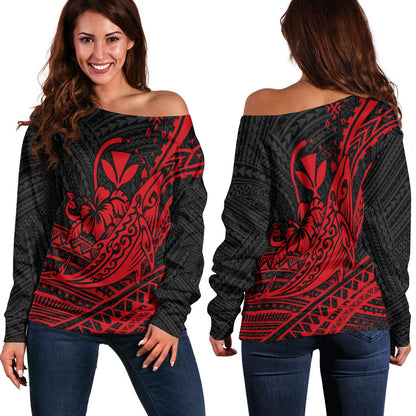 Hawaii Humpback Whale With Hibiscus Tribal Red Women Off Shoulder Sweater