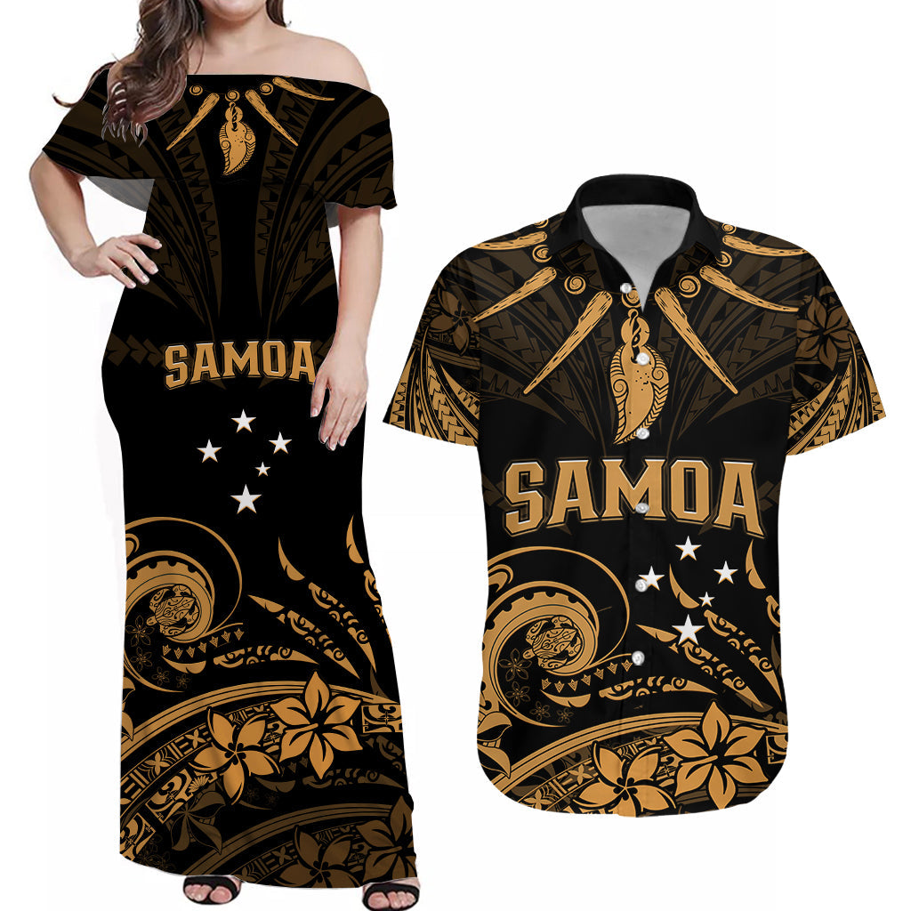(Custom Personalised) Polynesian Couple Outfits Samoa Tatau Combo Dress and Hawaiian Shirt Gold Polynesian Ula Nifo