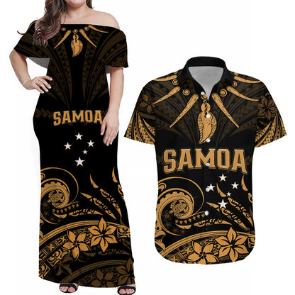 (Custom Personalised) Polynesian Couple Outfits Samoa Tatau Combo Dress and Hawaiian Shirt Gold Polynesian Ula Nifo