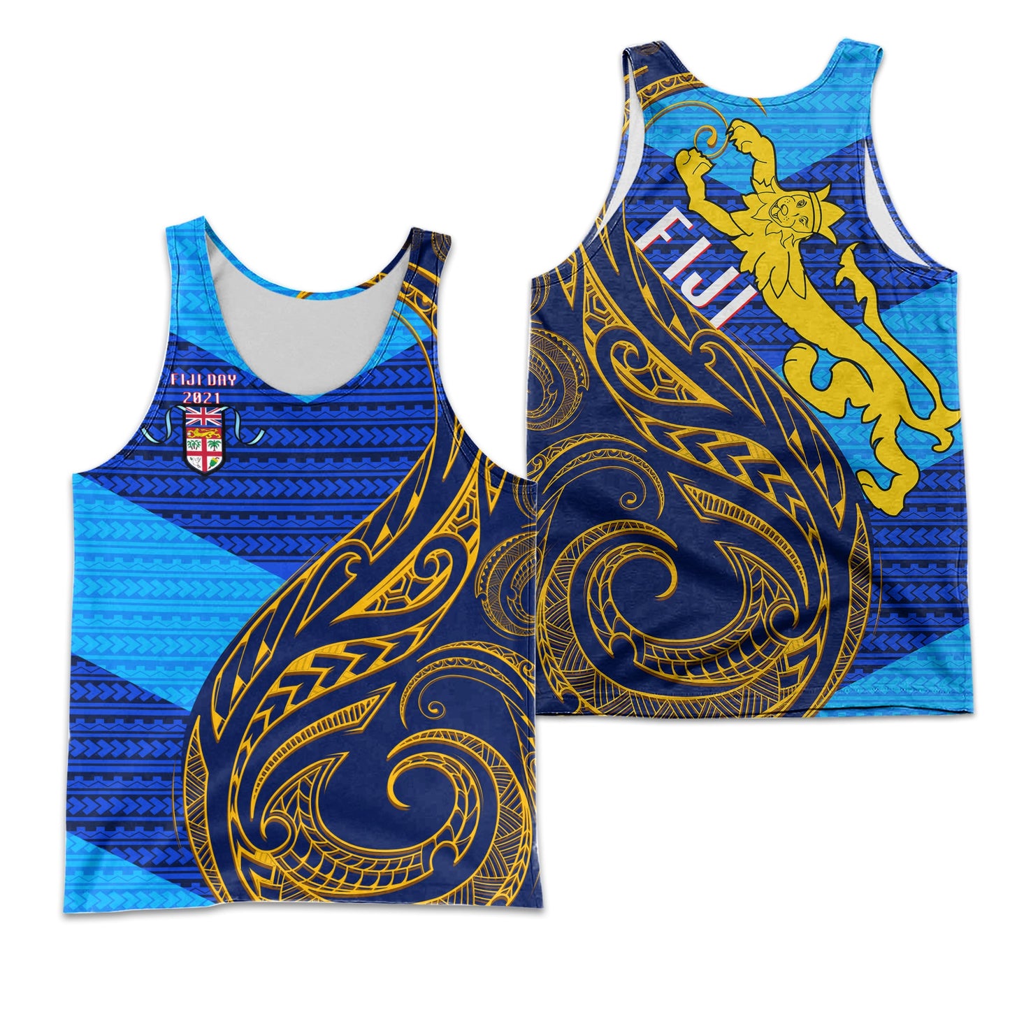 Fiji Men's Tank Top Flag's Color With Gold Polynesian Pattern