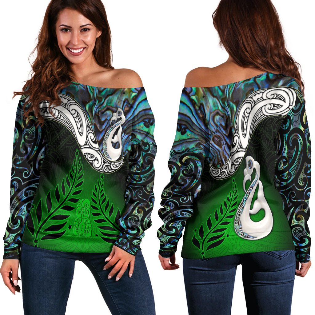 New Zealand Maori Off Shoulder Sweater Manaia Paua Shell Glitter Green