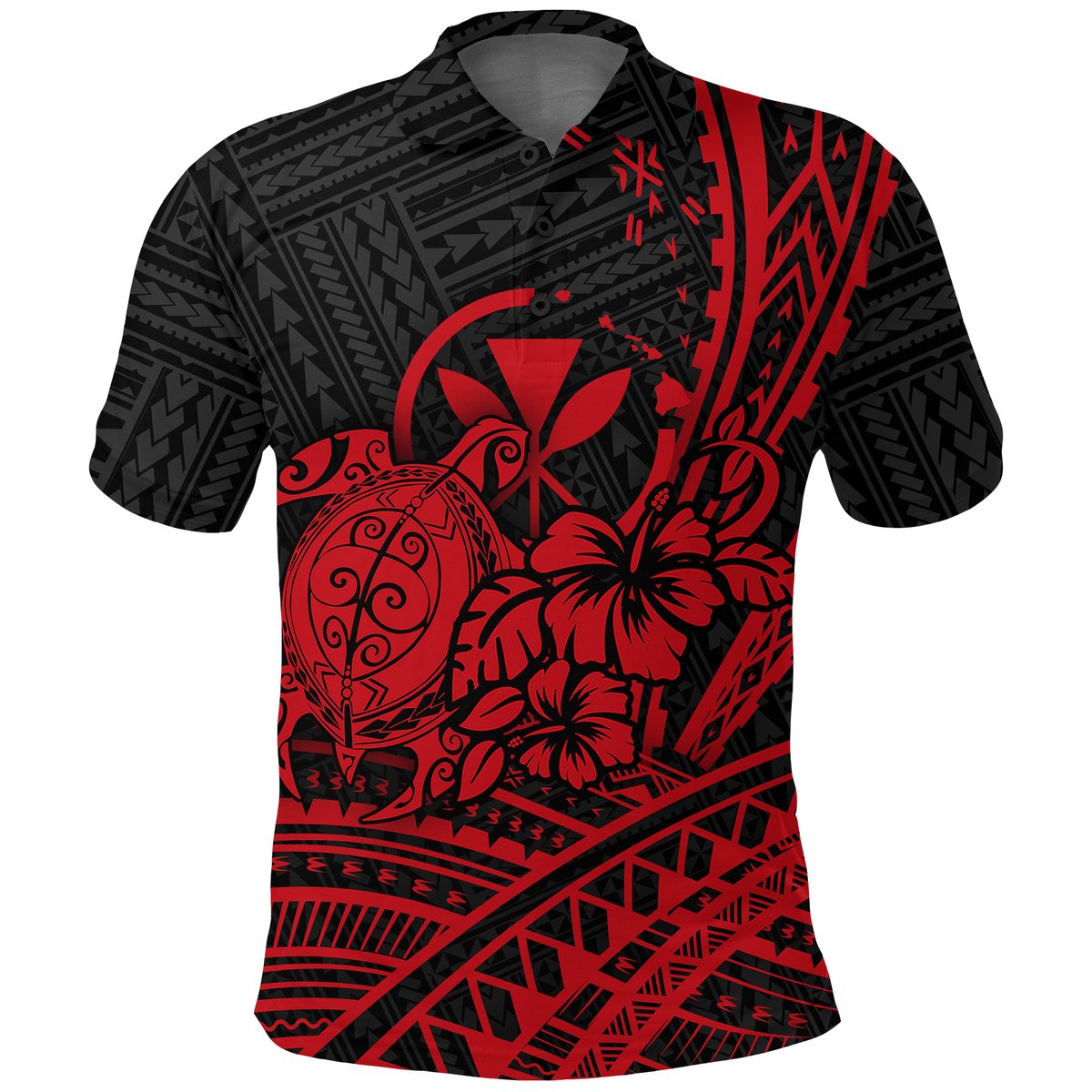 Hawaii Turtle With Hibiscus Tribal Red Polo Shirt -
