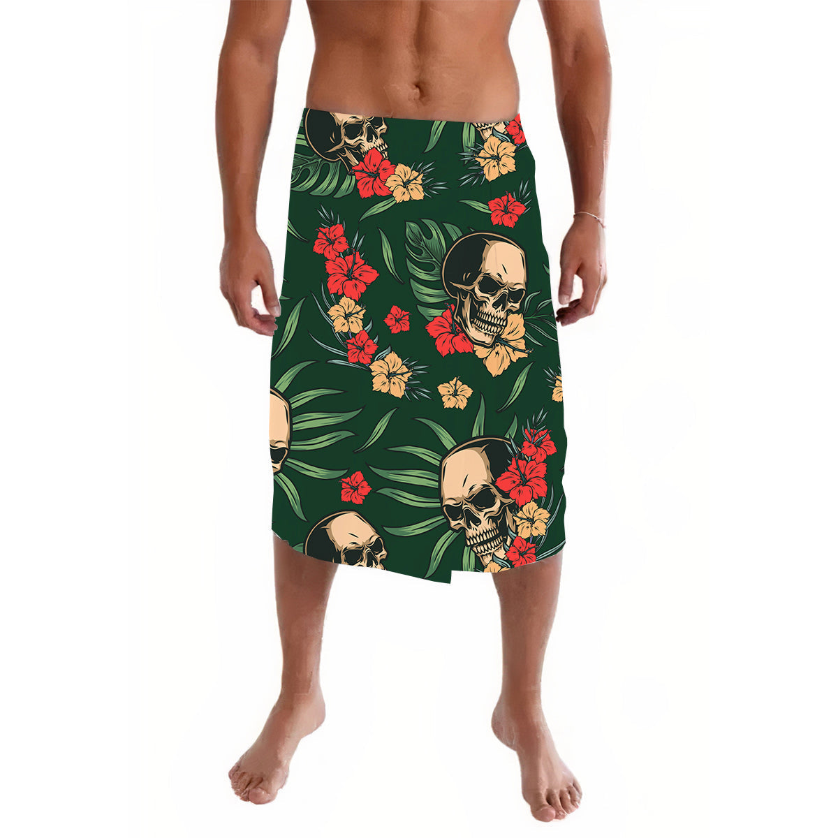 Hawaii Lavalava Polynesia Green Skulls with Monstera Leaves