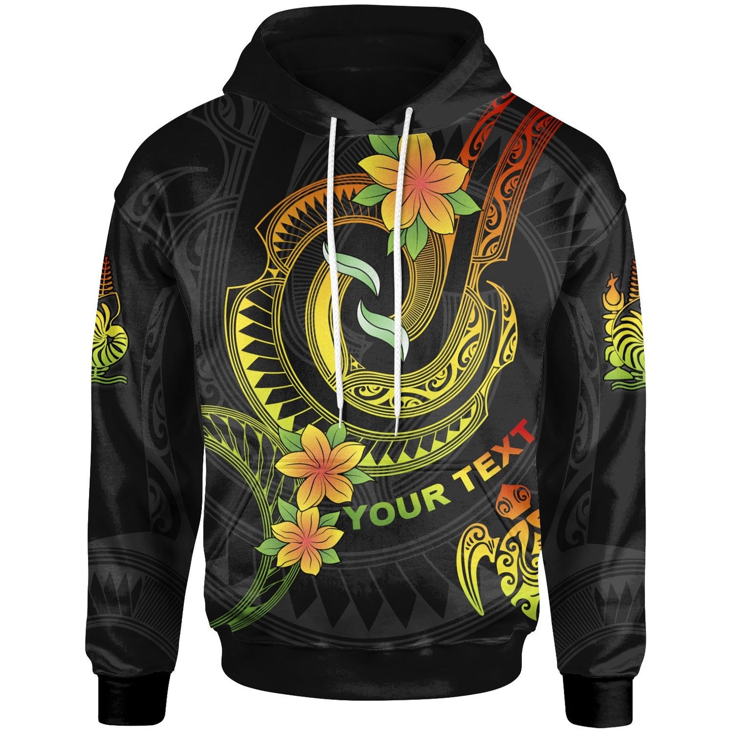 Custom Text New Caledonia Hoodie Personalised Reggae Plumeria Flowers with Spiral Patterns Zip Up Hoodie