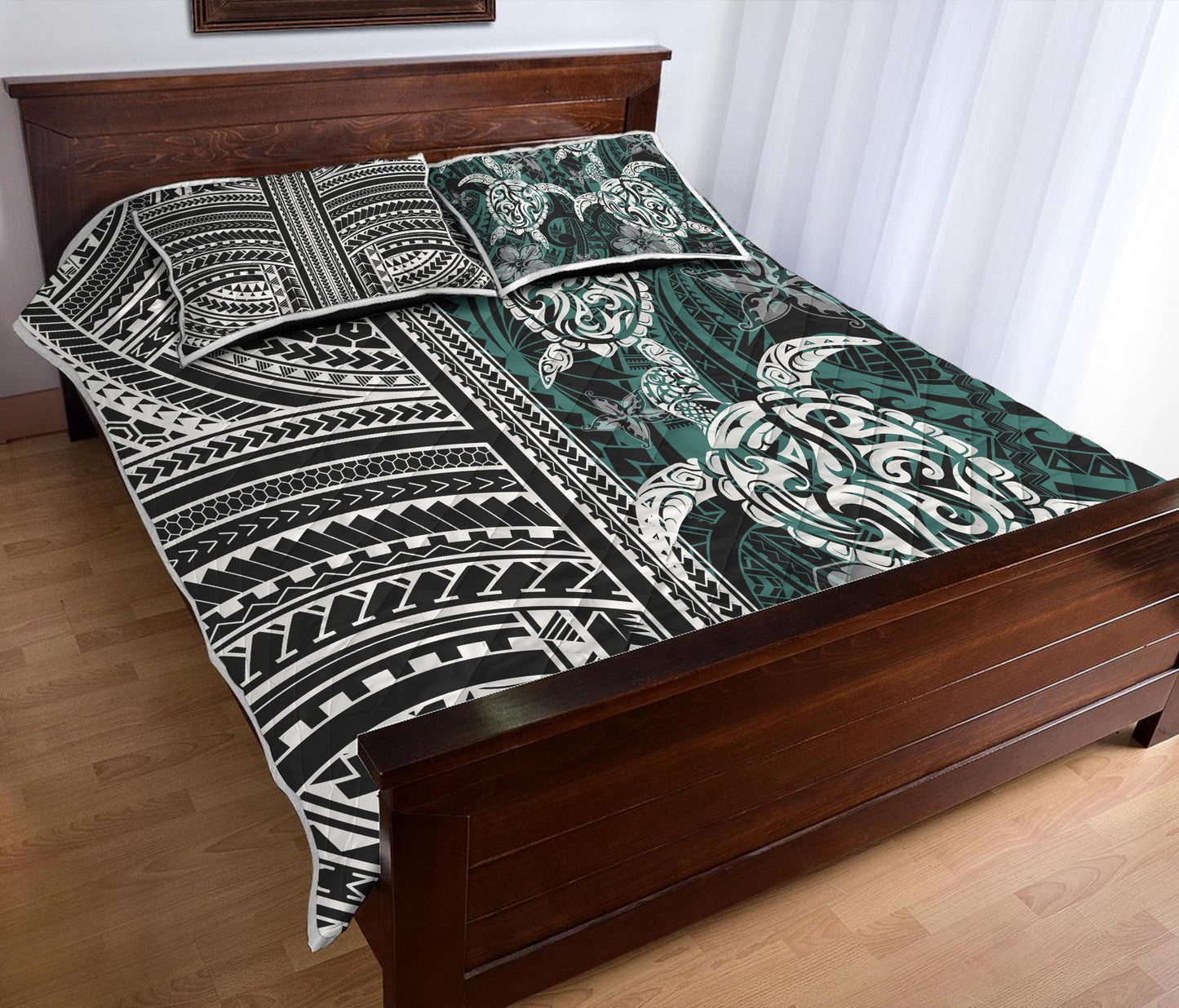 Polynesian Quilt Bed Set Turtle With Ethnic Motives And Floral Elements