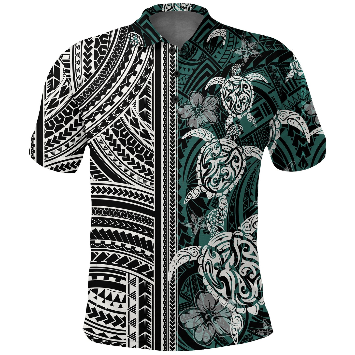 Polynesian Polo Shirt - Turtle With Ethnic Motives And Floral Elements -