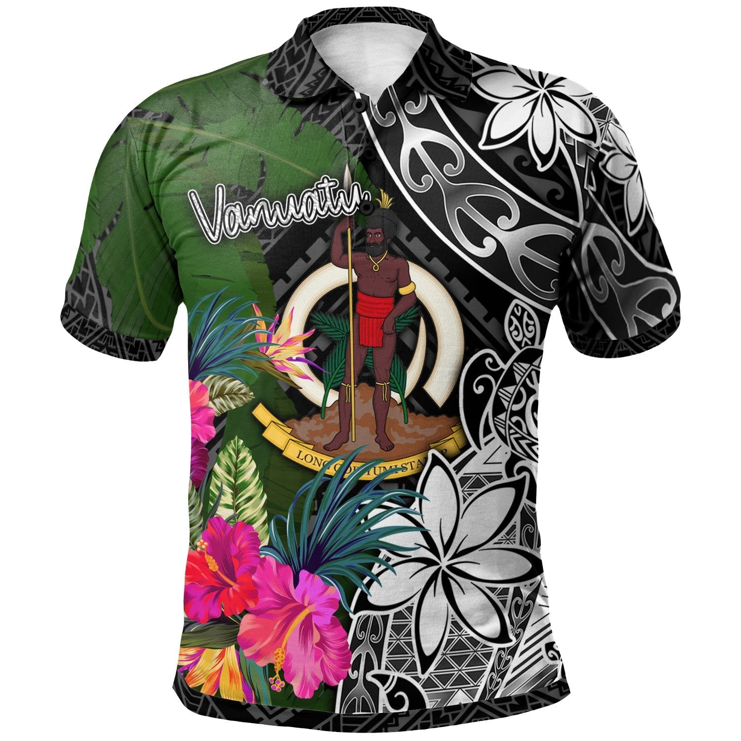 Vanuatu Polo Shirt - Turtle Plumeria Banana Leaf