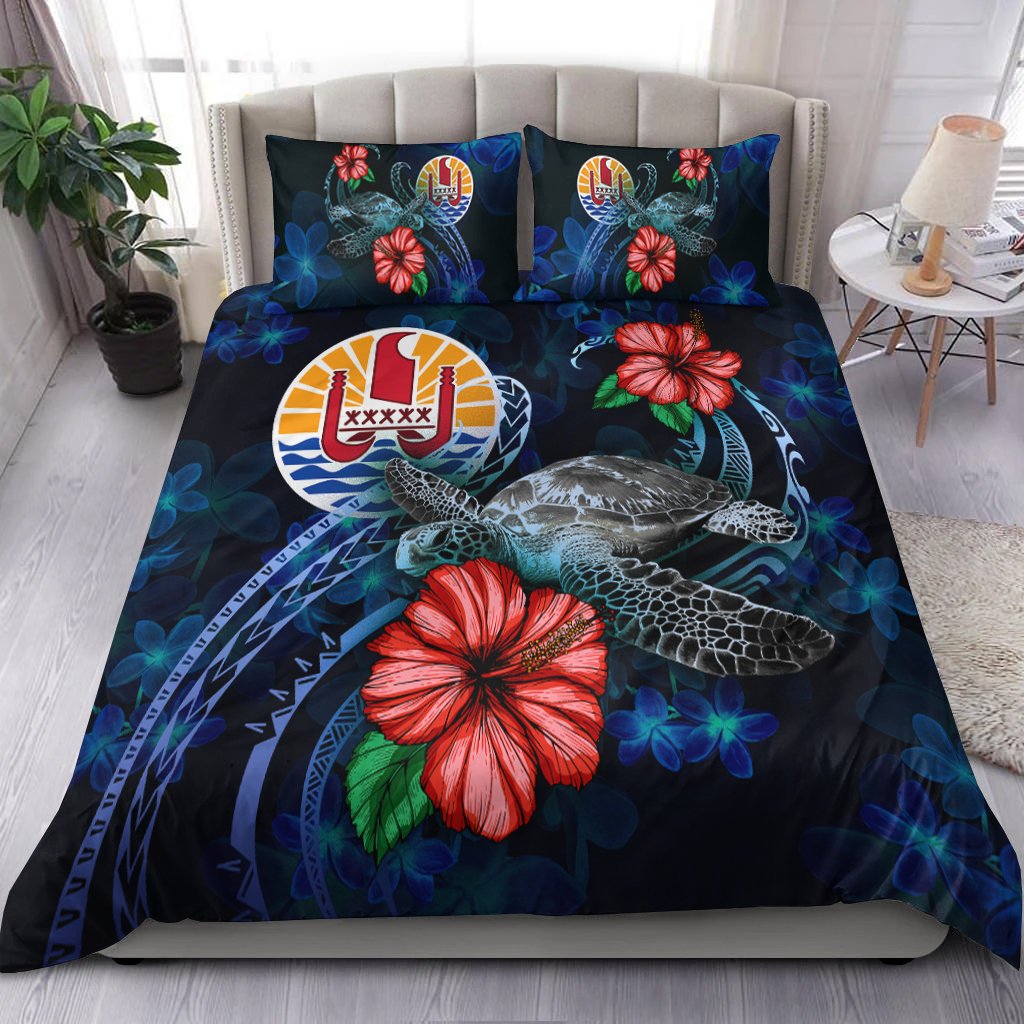 Tahiti Polynesian Bedding Set Blue Turtle Hibiscus