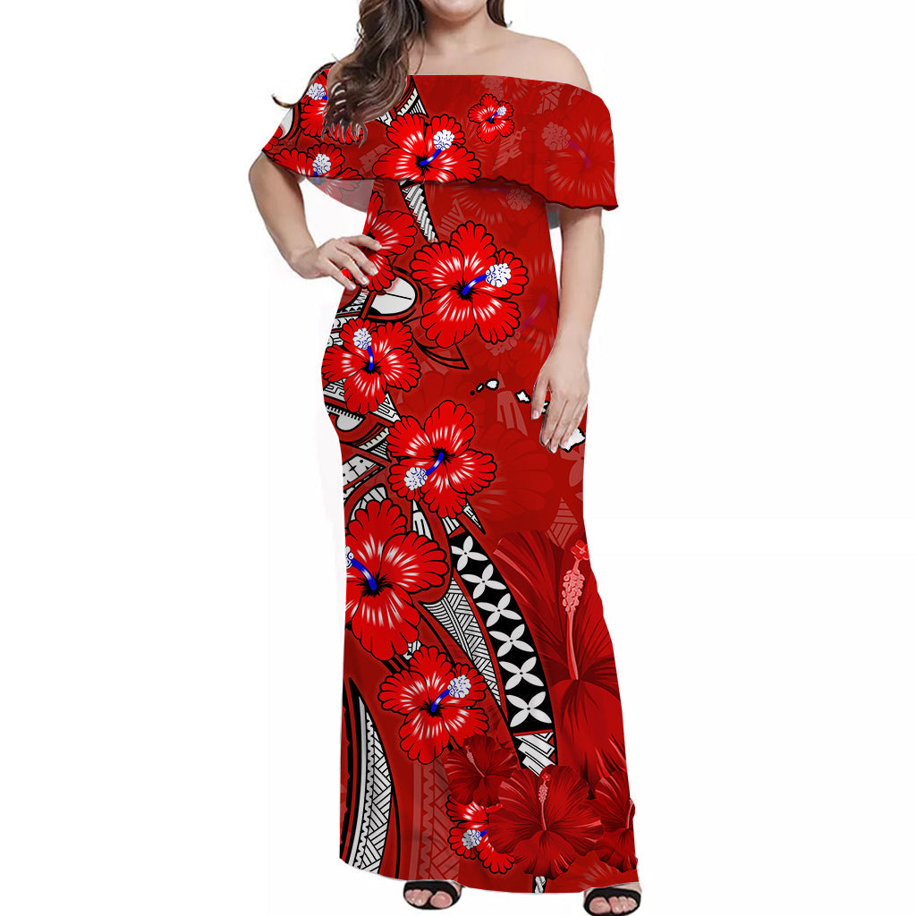 Custom Personalised Hawaii Off Shoulder Long Dress Polynesia Red Hibiscus and Map Mystical