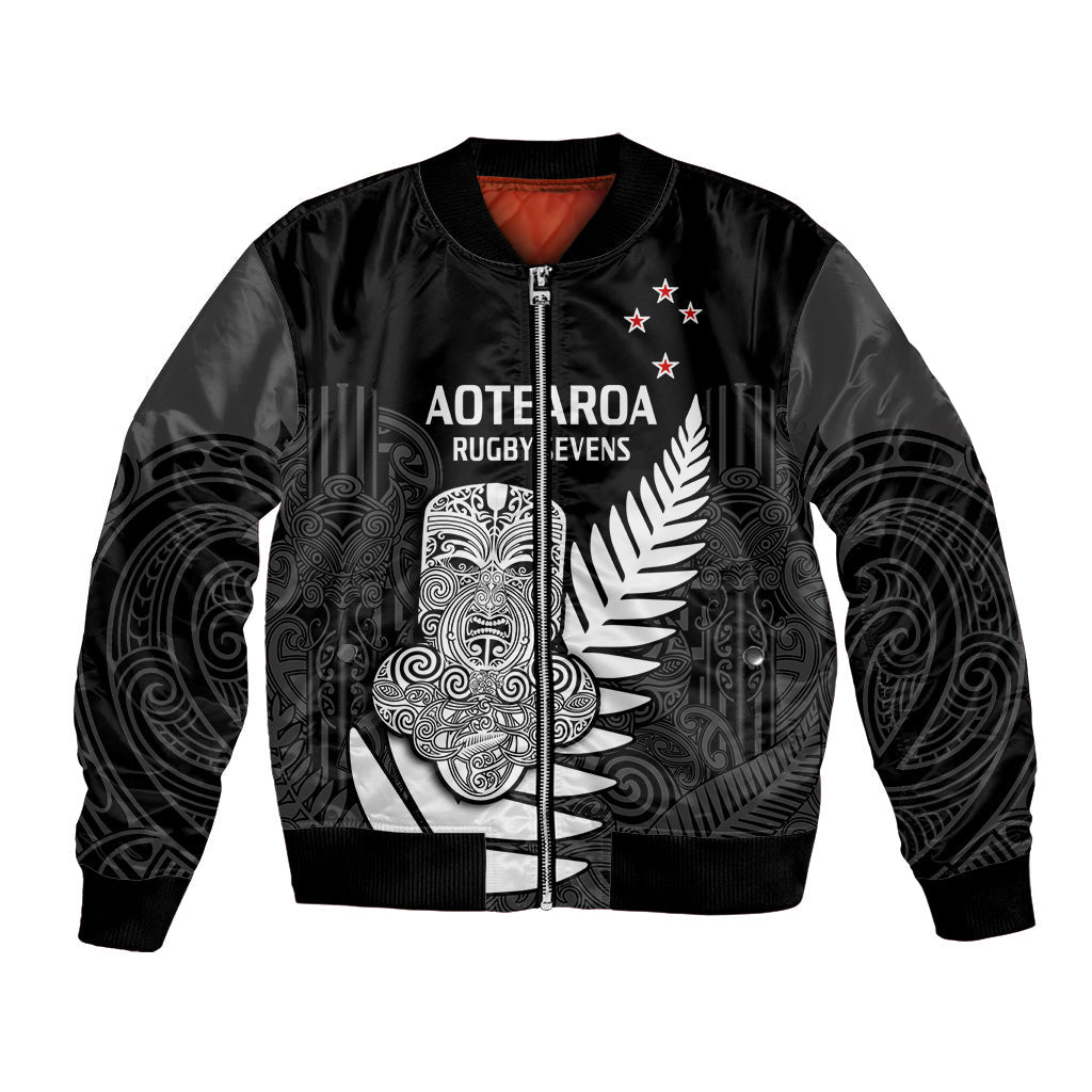 (Custom Text And Number) Aotearoa Rugby Sevens All Black Tiki Fern Bomber Jacket