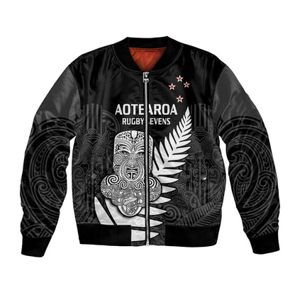 (Custom Text And Number) Aotearoa Rugby Sevens All Black Tiki Fern Bomber Jacket