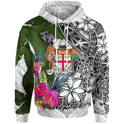 Fiji Hoodie White Turtle Plumeria Banana Leaf Crest