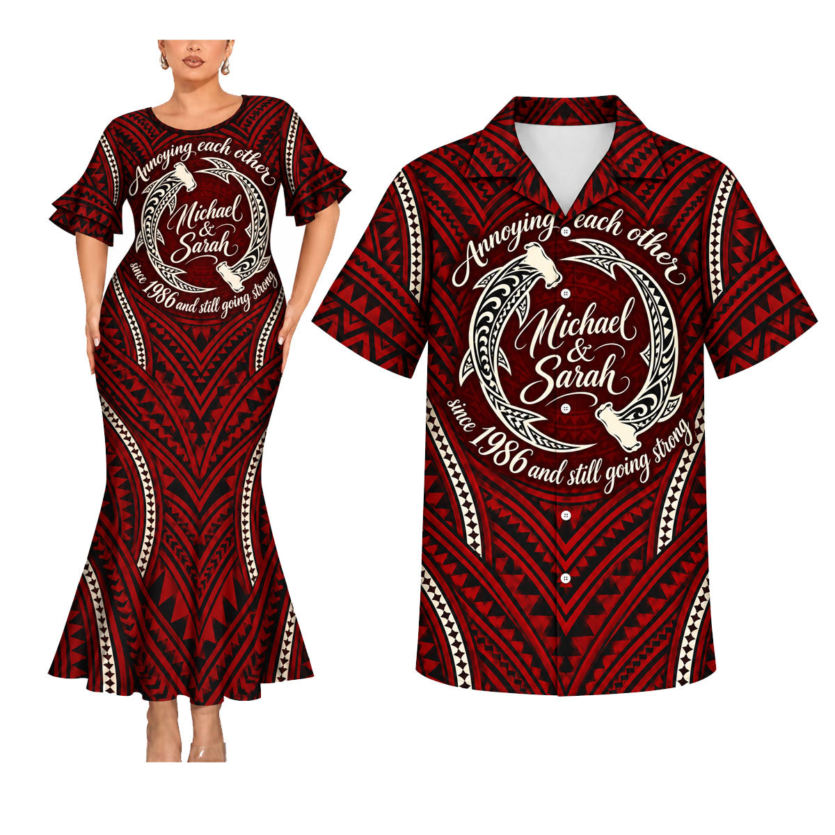 Annoying Each Other And Still Going Strong Polynesian Tribal Pattern Funny Red Couple Matching Outfit