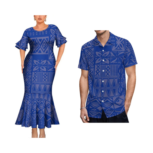 Polynesian Tribal Blue Pattern Matching Outfit For Couple Bodycon Mermaid Dress and Shirt
