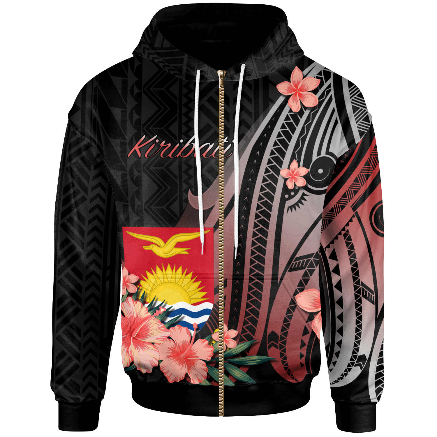 Kiribati Zip Hoodie Red Polynesian Hibiscus Pattern Style