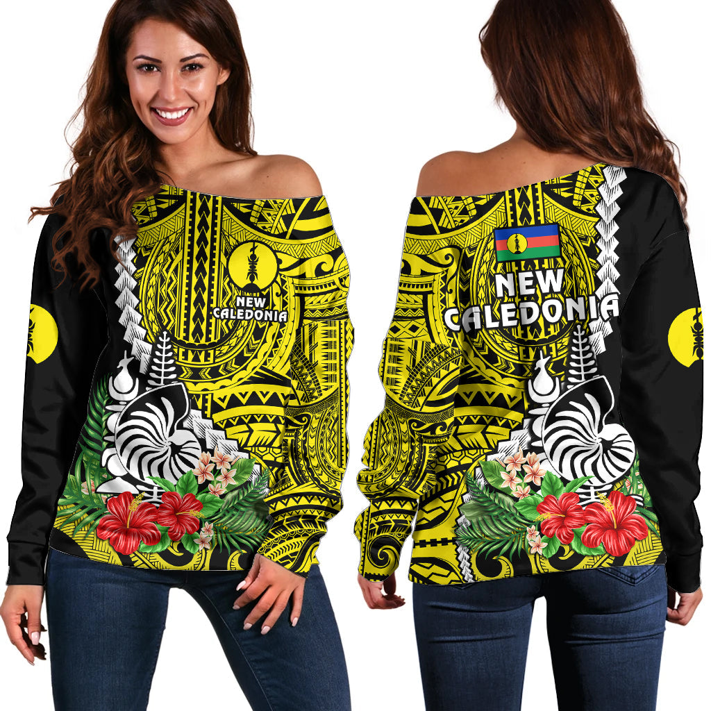 New Caledonia Polynesian Coat Of Arms Mix Tropical Flowers Off Shoulder Sweater
