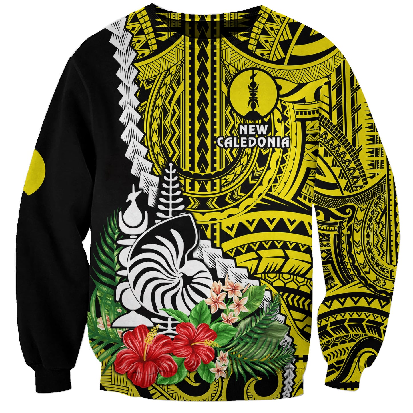 New Caledonia Polynesian Coat Of Arms Mix Tropical Flowers Sweatshirt